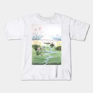 Mount Fuji and wildflowers Japanese woodblock arts Kids T-Shirt